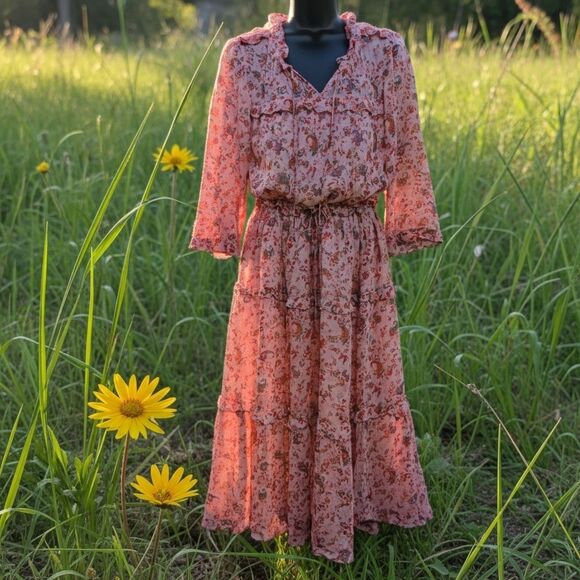MOLIIN Copenhagen Tiered Ruffled Long Dress Deep Pink Boho $230 European Brand - Picture 1 of 8